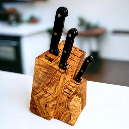 Handcrafted Olive Wood Knife Block | Rustic Kitchen Knife Holder