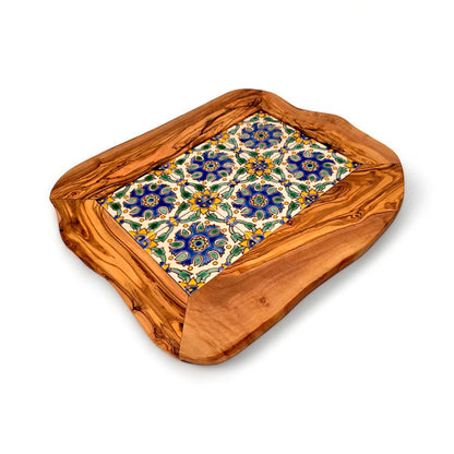 Rustic Olive Wood Ceramic Serving Tray – Various Colours