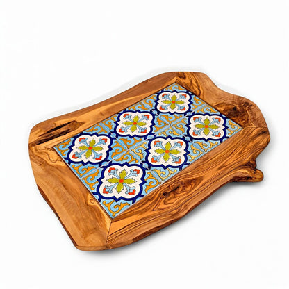 Rustic Olive Wood Ceramic Serving Tray – Various Colours