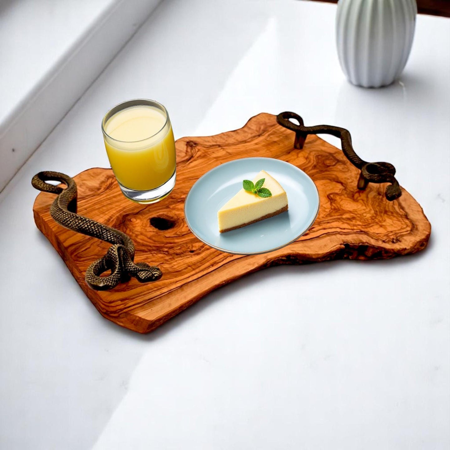 Handcrafted Olive Wood Serving Tray with Snake Handles | Rustic Wooden Serving Tray
