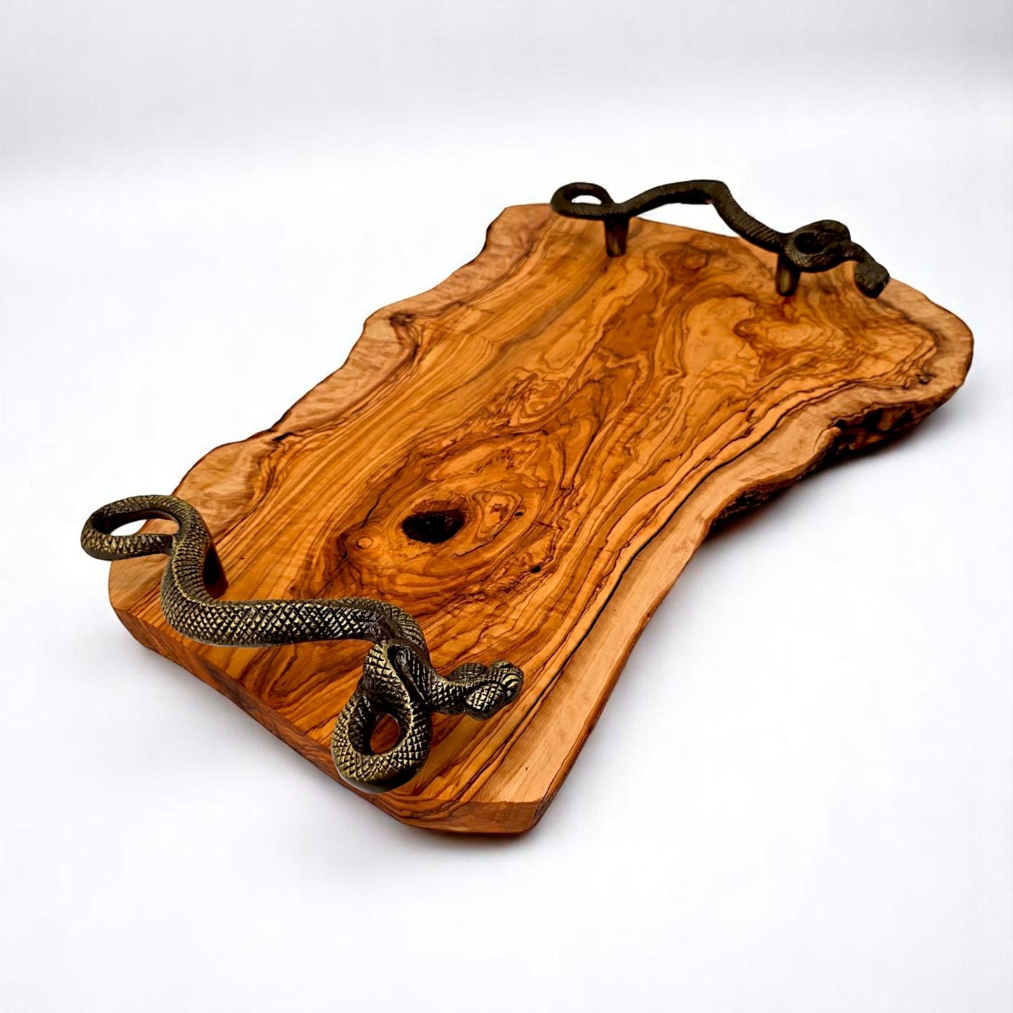 Handcrafted Olive Wood Serving Tray with Snake Handles | Rustic Wooden Serving Tray