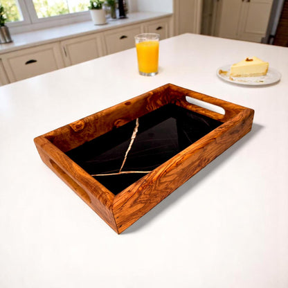 Rectangular olive wood ceramic tray with handle by OliveArt, showcasing natural wood grain and functional design for serving or display.