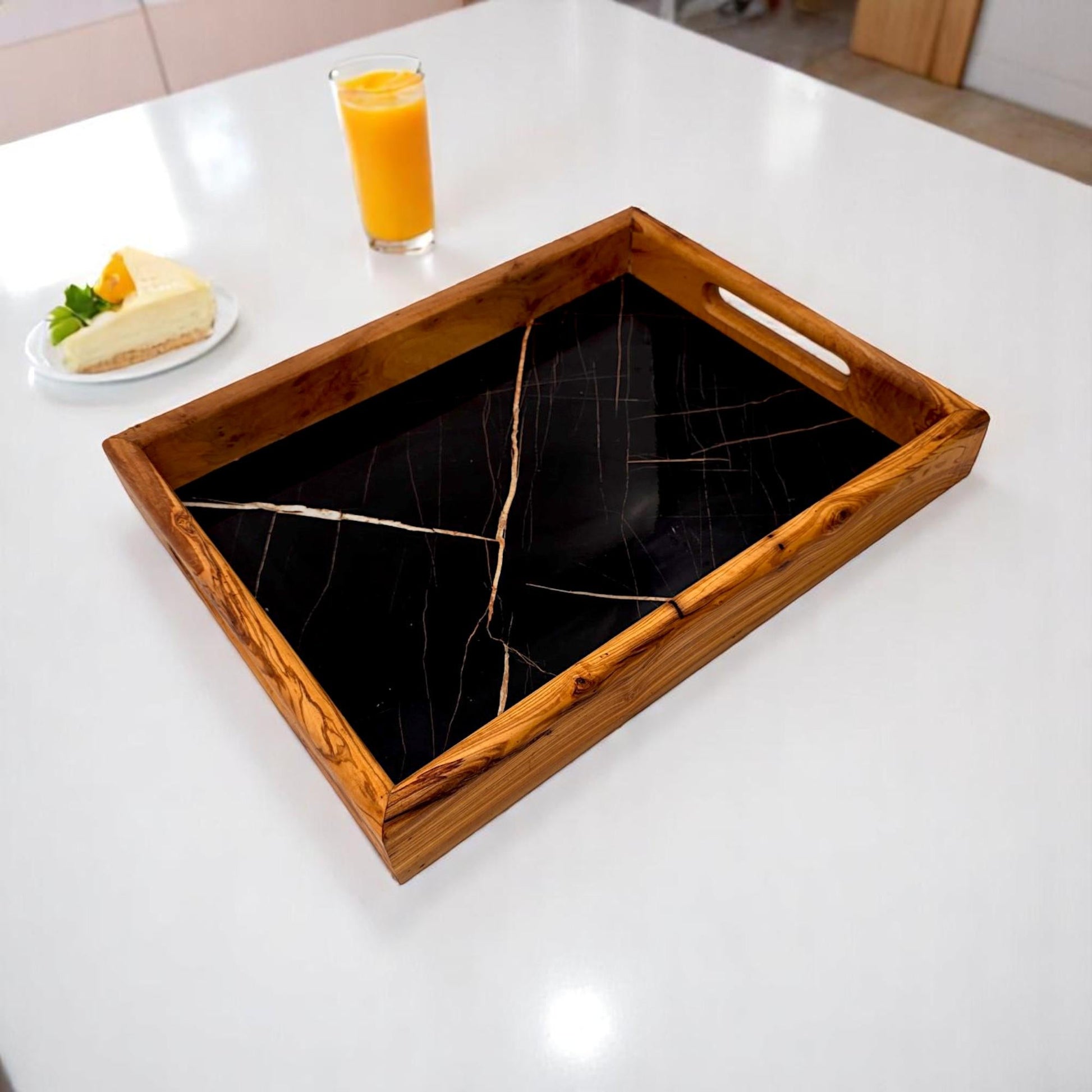 Rectangular olive wood ceramic tray with handles from OliveArt, featuring a natural wood finish and functional design.