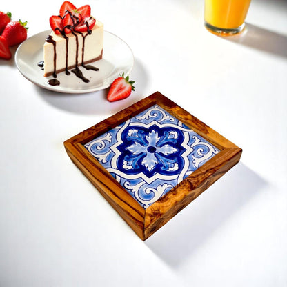 Square Olive Wood Ceramic Tray | Rustic Serving & Décor Accent