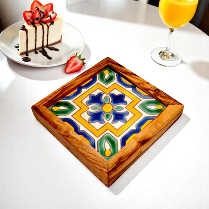 Square Olive Wood Ceramic Tray | Rustic Serving & Décor Accent