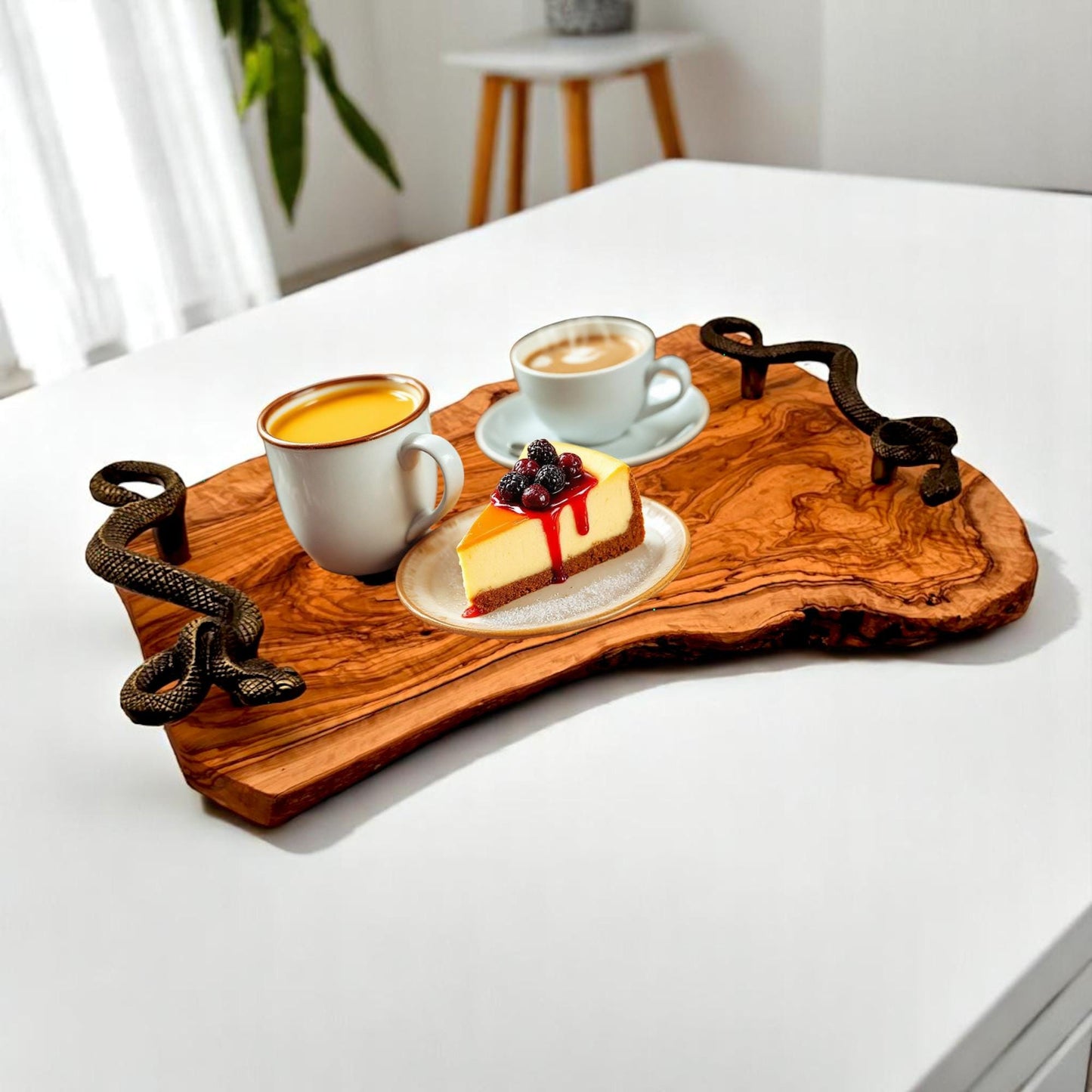 Handcrafted Olive Wood Serving Tray with Snake Handles | Rustic Wooden Serving Tray