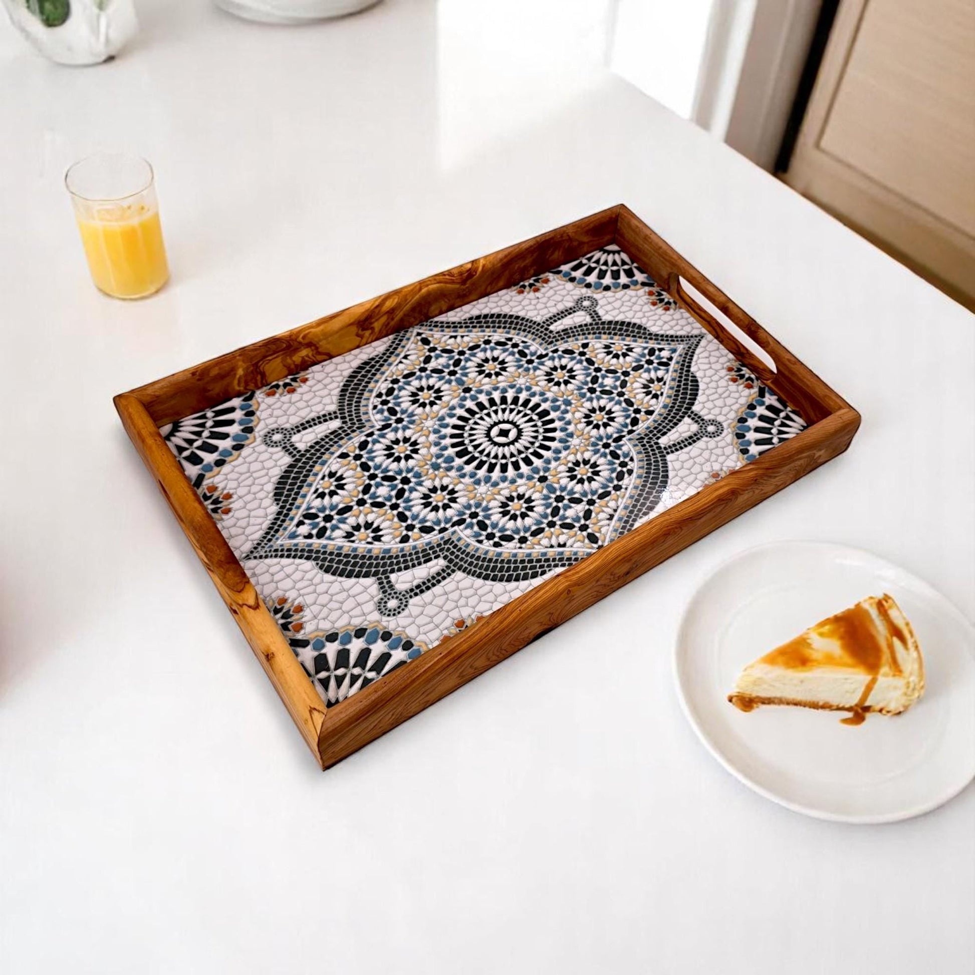 Rectangular olive wood ceramic tray with handles by OliveArt, featuring a smooth surface and sturdy wooden handles for serving.