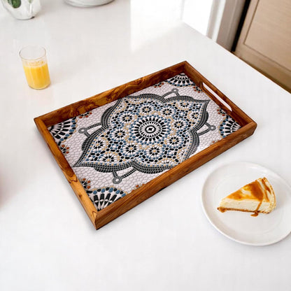 Rectangular olive wood ceramic tray with handles by OliveArt, featuring a smooth surface and sturdy wooden handles for serving.