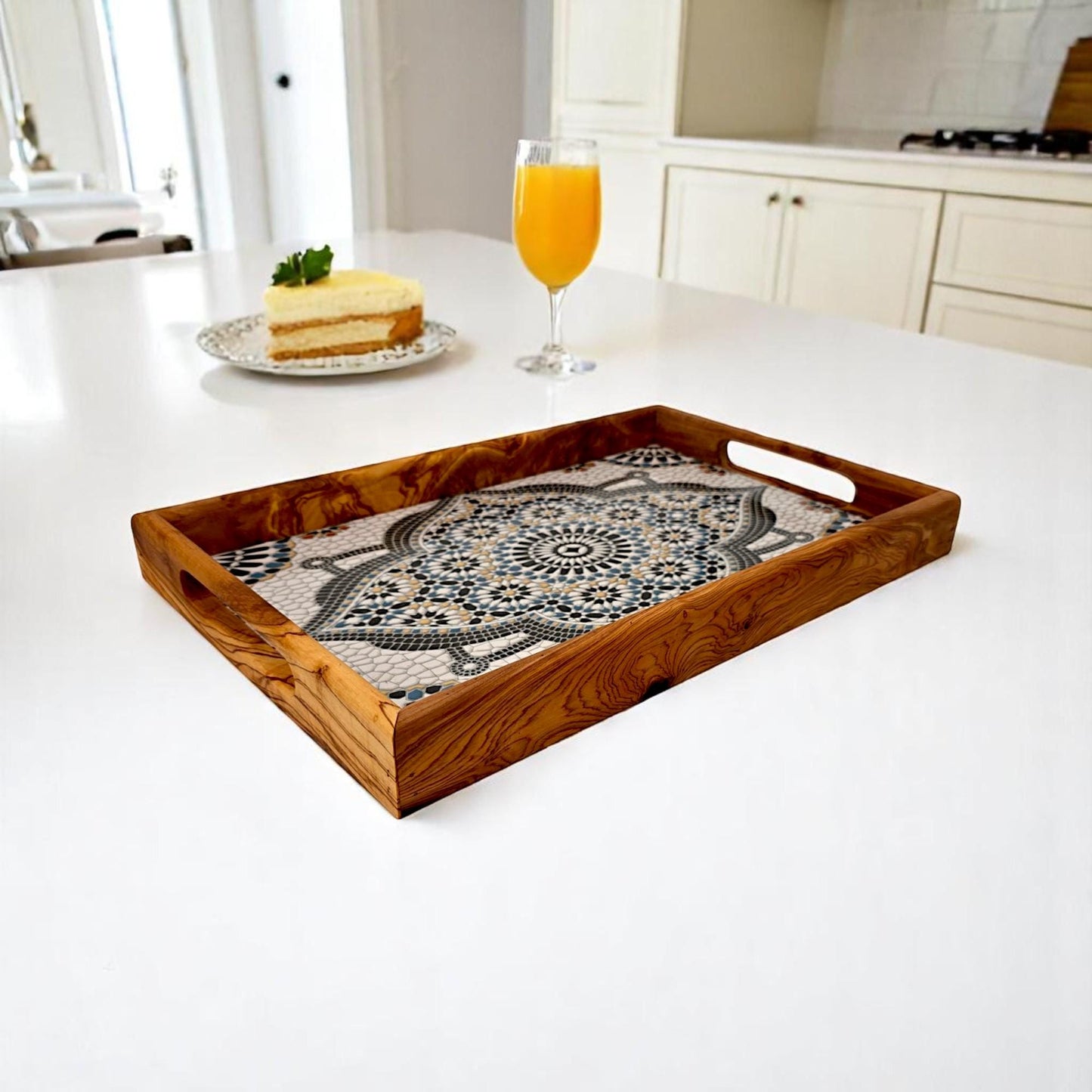 Rectangular olive wood ceramic tray with handle from OliveArt, featuring a natural wood finish and functional design.