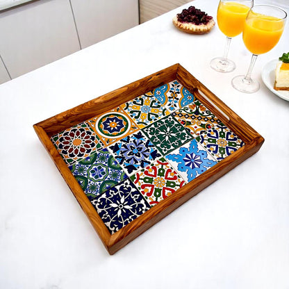Rectangular olive wood ceramic tray with handles from OliveArt, featuring a natural wood finish and functional handles for serving.