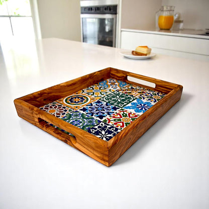 Rectangular olive wood ceramic tray with handle from OliveArt, featuring natural wood grain and a smooth ceramic surface.