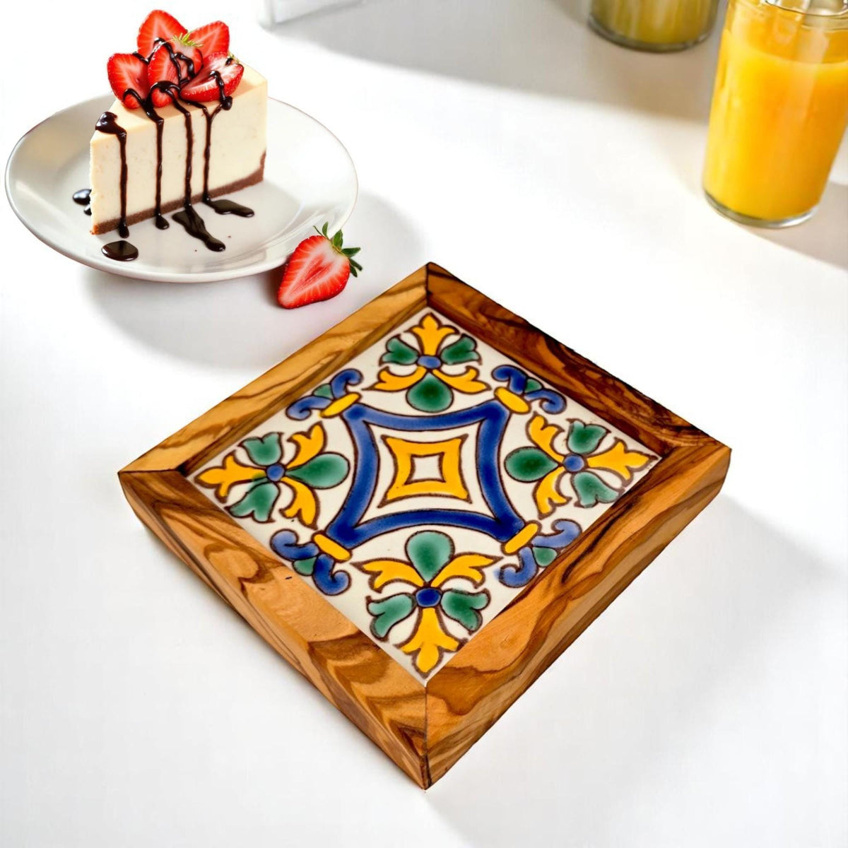 Square Olive Wood Ceramic Tray | Rustic Serving & Décor Accent