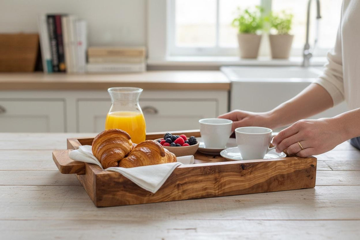 Handcrafted Olive Wood Serving Tray with Handles | Large Rectangular Wooden Serving Board