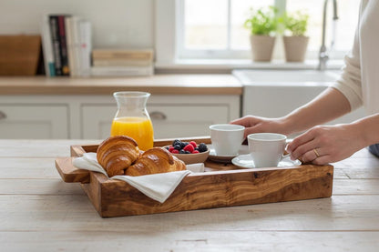Handcrafted Olive Wood Serving Tray with Handles | Large Rectangular Wooden Serving Board