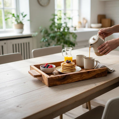 Handcrafted Olive Wood Serving Tray with Handles | Large Rectangular Wooden Serving Board