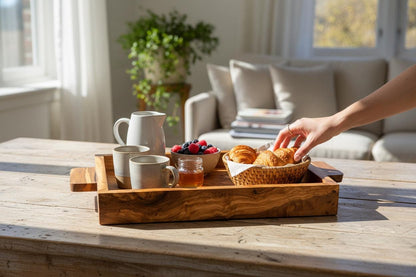 Handcrafted Olive Wood Serving Tray with Handles | Large Rectangular Wooden Serving Board