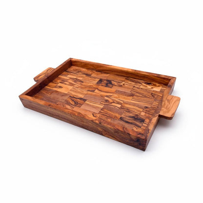 Handcrafted Olive Wood Serving Tray with Handles | Large Rectangular Wooden Serving Board