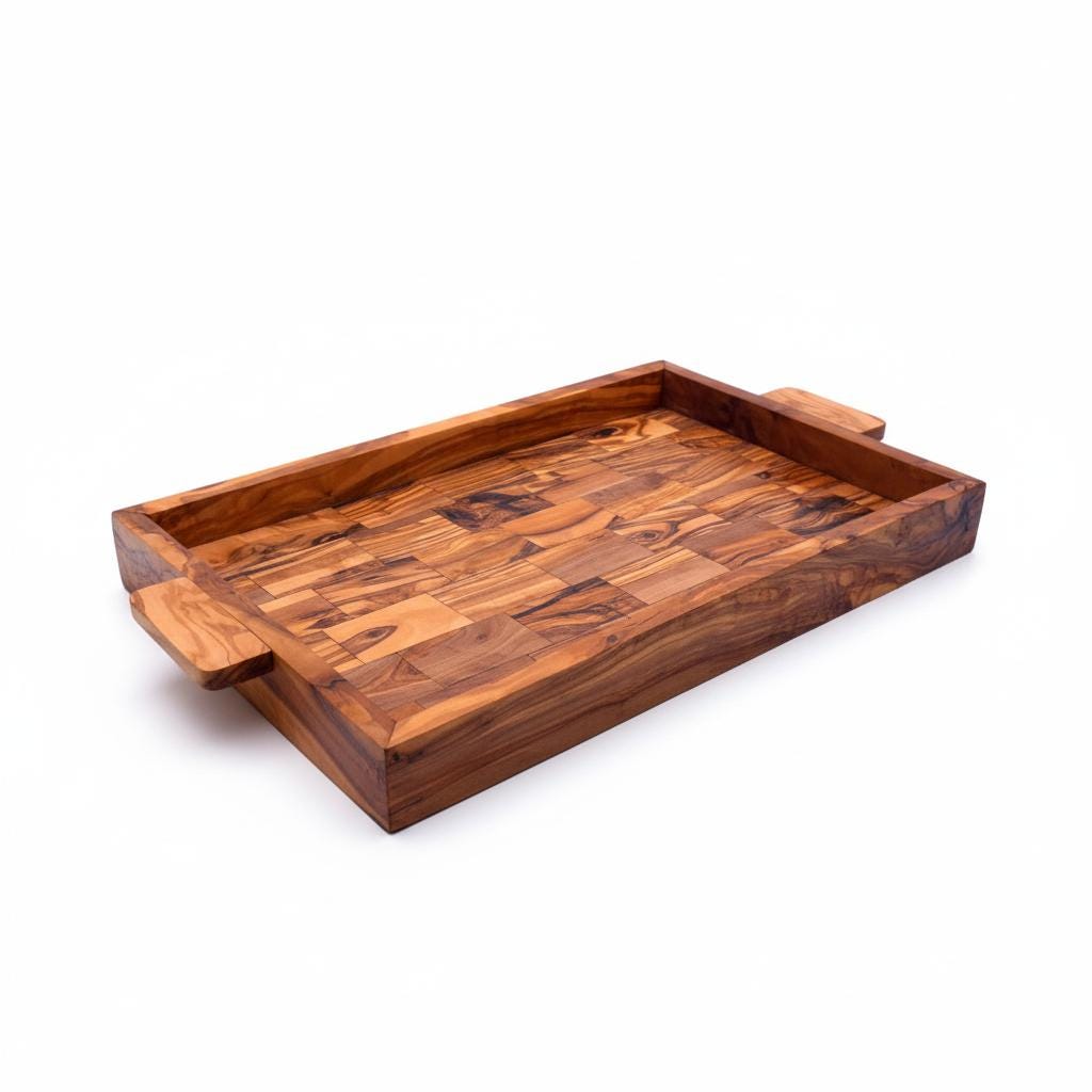 Handcrafted Olive Wood Serving Tray with Handles | Large Rectangular Wooden Serving Board