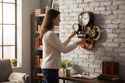 Industrial Olive Wood Steampunk Wall Clock | Roman Numeral Statement Wall Art