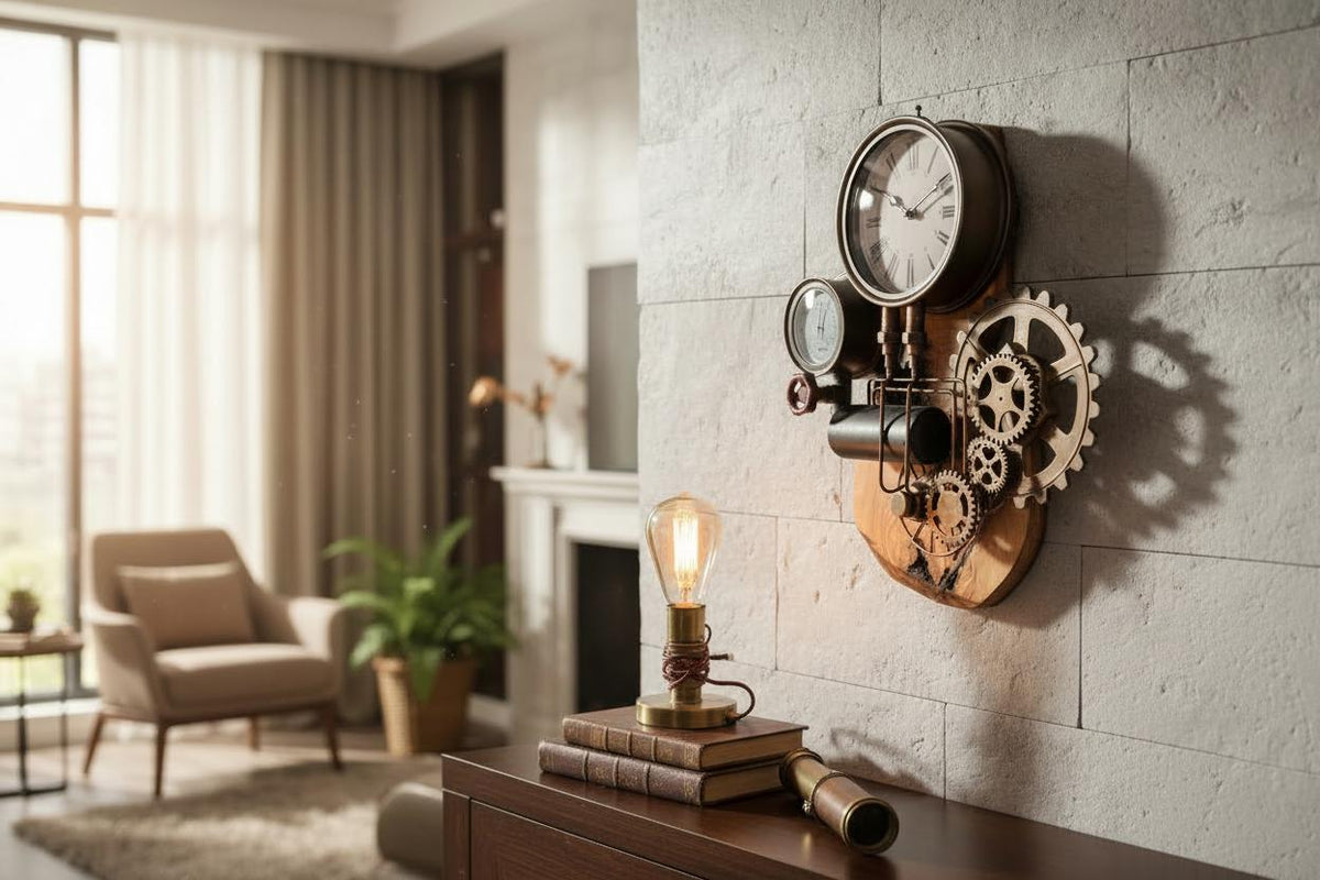 Industrial Olive Wood Steampunk Wall Clock | Roman Numeral Statement Wall Art