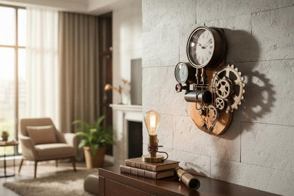 Industrial Olive Wood Steampunk Wall Clock | Roman Numeral Statement Wall Art
