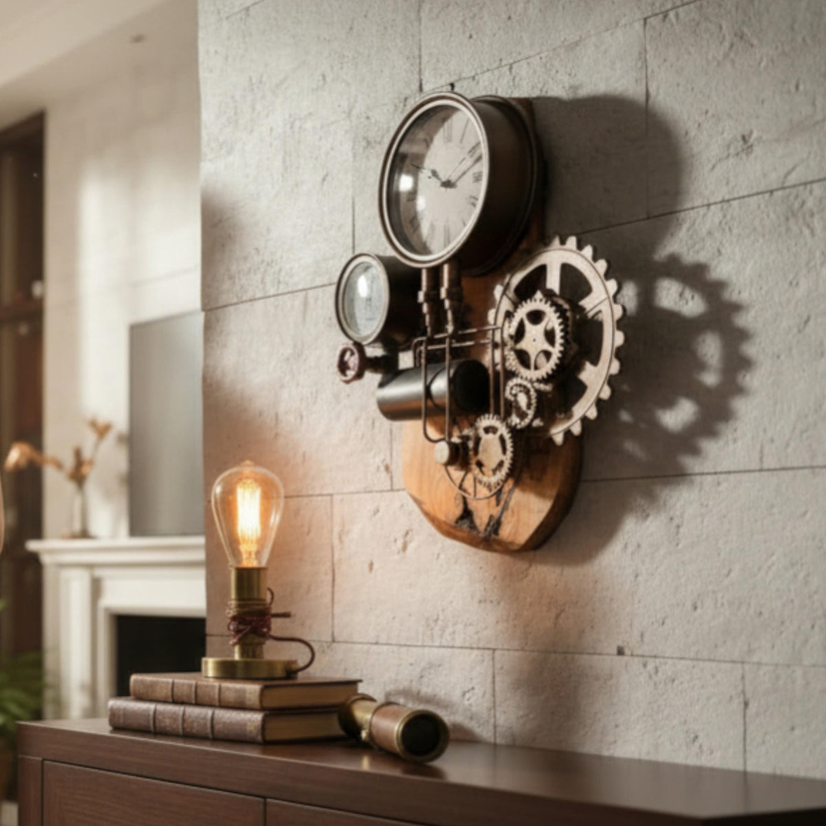 Industrial Olive Wood Steampunk Wall Clock | Roman Numeral Statement Wall Art