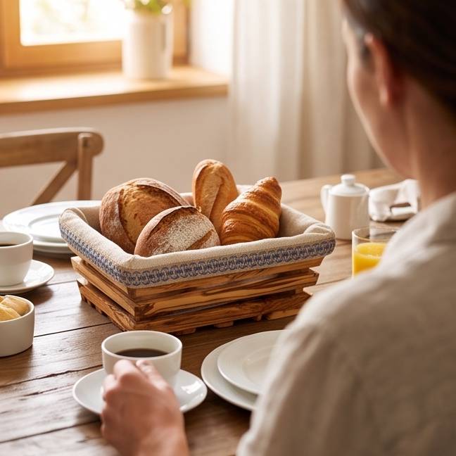 Handcrafted Olive Wood Bread Basket with Removable Fabric Liner