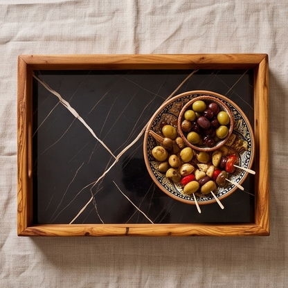 Olive Wood Rectangular Olive Wood Ceramic Tray with Handle 40 cm * 25 cm