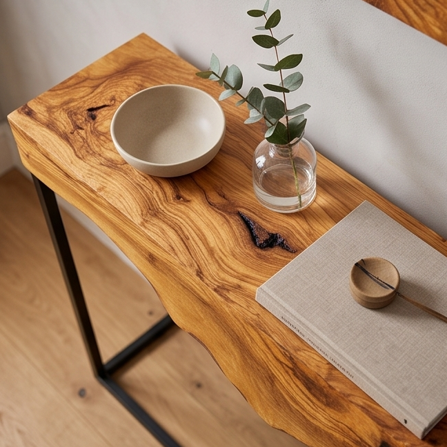 Live Edge Olive Wood Console Table & Matching Mirror Set