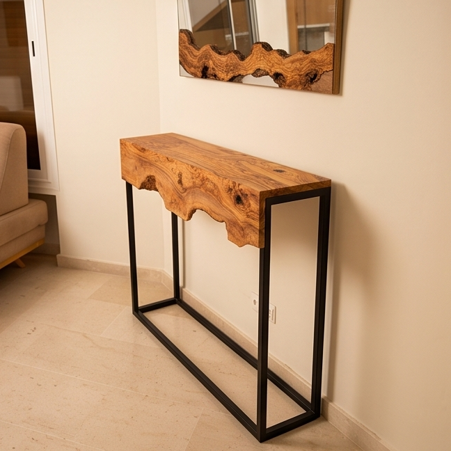 Live Edge Olive Wood Console Table & Matching Mirror Set