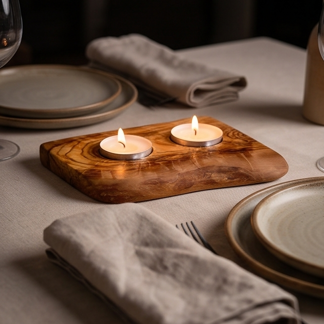 Olive Wood Flat Wooden Tealight Candle Holder | Various Sizes