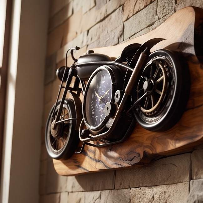 Motorcycle Olive Wood Clock | Vintage Luxury Wall Art