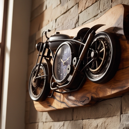 Motorcycle Olive Wood Clock | Vintage Luxury Wall Art