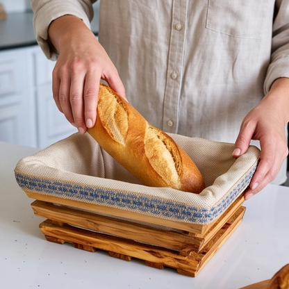 Handcrafted Olive Wood Bread Basket with Removable Fabric Liner