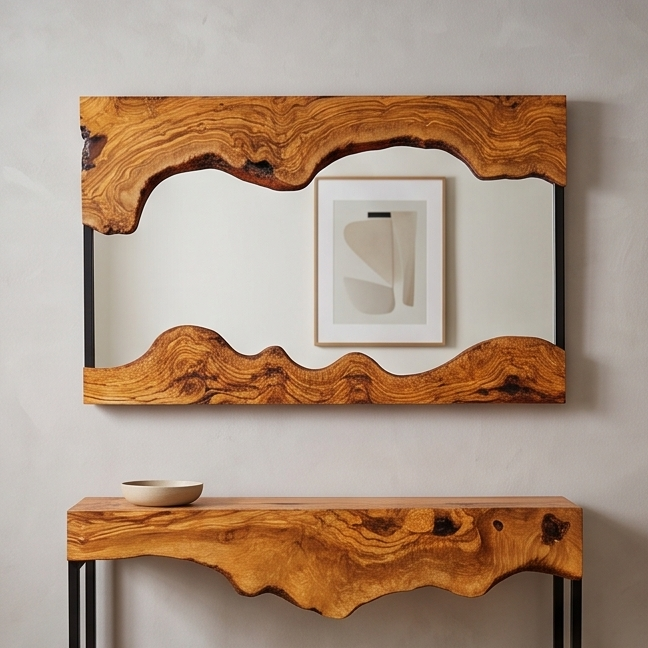 Live Edge Olive Wood Console Table & Matching Mirror Set