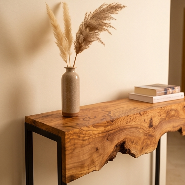 Live Edge Olive Wood Console Table & Matching Mirror Set