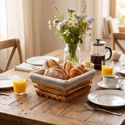 Handcrafted Olive Wood Bread Basket with Removable Fabric Liner | Rustic Tray