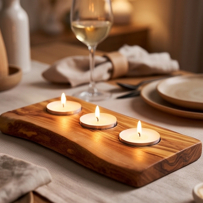 Olive Wood Flat Wooden Tealight Candle Holder | Various Sizes