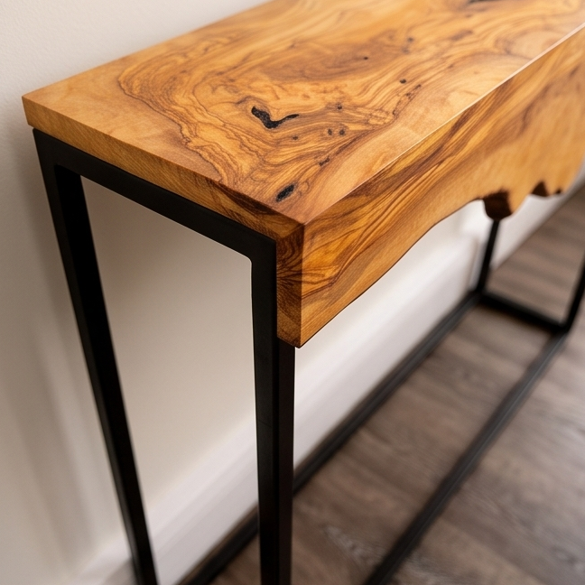 Live Edge Olive Wood Console Table & Matching Mirror Set