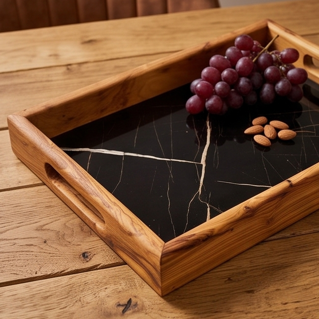 Olive Wood Rectangular Olive Wood Ceramic Tray with Handle 40 cm * 25 cm