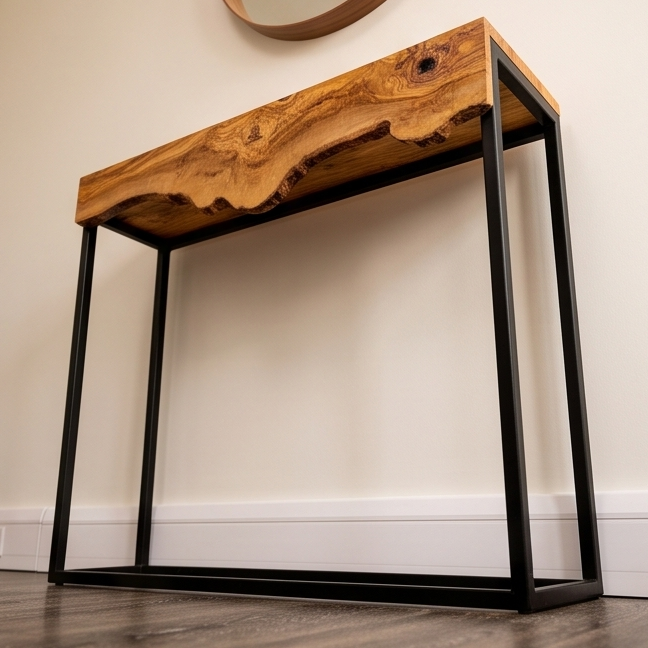 Live Edge Olive Wood Console Table & Matching Mirror Set