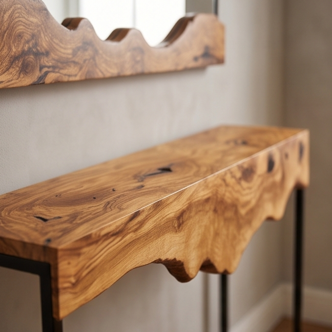Live Edge Olive Wood Console Table & Matching Mirror Set