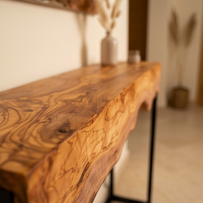 Live Edge Olive Wood Console Table & Matching Mirror Set