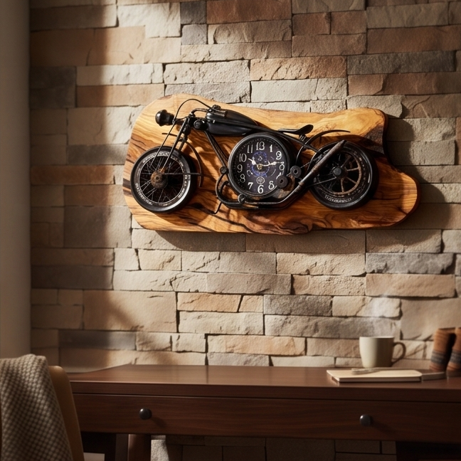 Motorcycle Olive Wood Clock | Vintage Luxury Wall Art