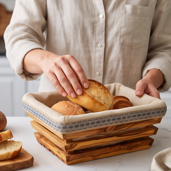 Handcrafted Olive Wood Bread Basket with Removable Fabric Liner