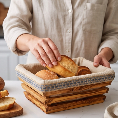Handcrafted Olive Wood Bread Basket with Removable Fabric Liner | Rustic Tray