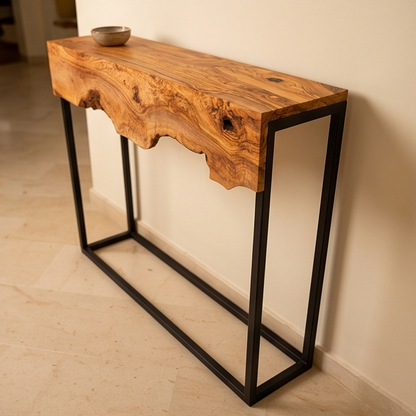 Live Edge Olive Wood Console Table & Matching Mirror Set