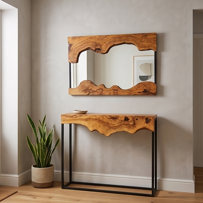 Live Edge Olive Wood Console Table & Matching Mirror Set