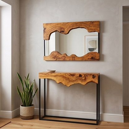 Live Edge Olive Wood Console Table & Matching Mirror Set