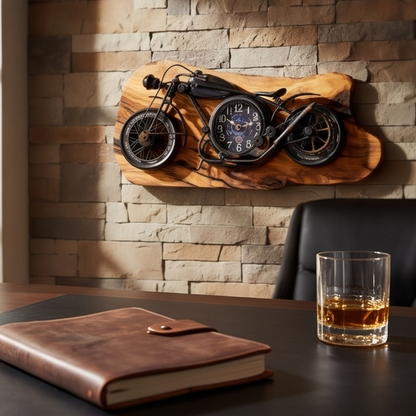 Motorcycle Olive Wood Clock | Vintage Luxury Wall Art